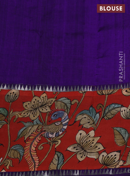 Mangalgiri silk cotton saree violet and rustic orange with plain body and long kalamkari printed applique border