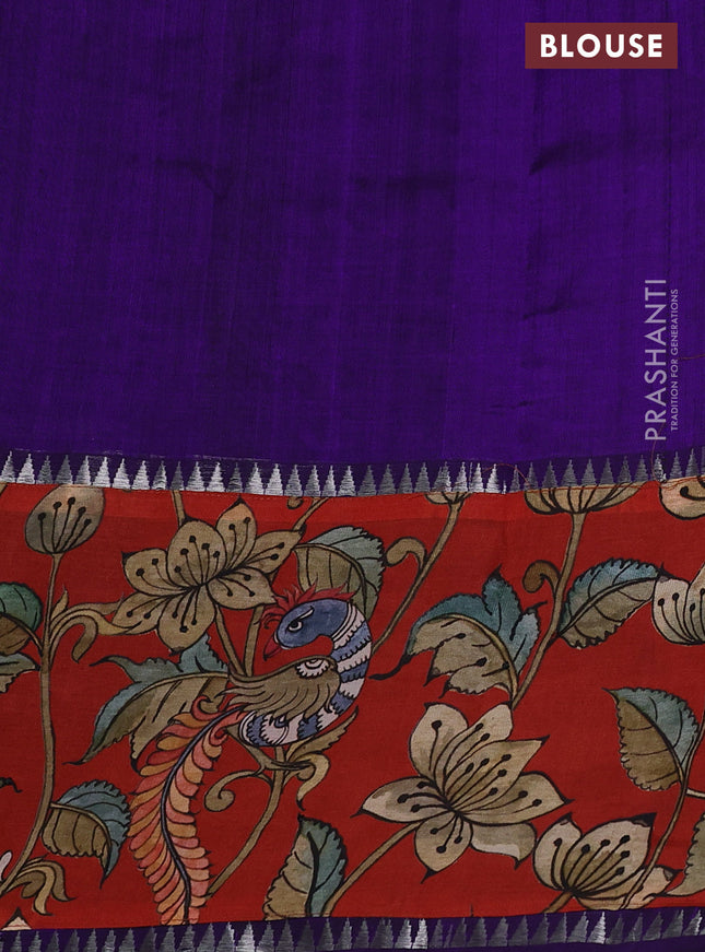 Mangalgiri silk cotton saree violet and rustic orange with plain body and long kalamkari printed applique border