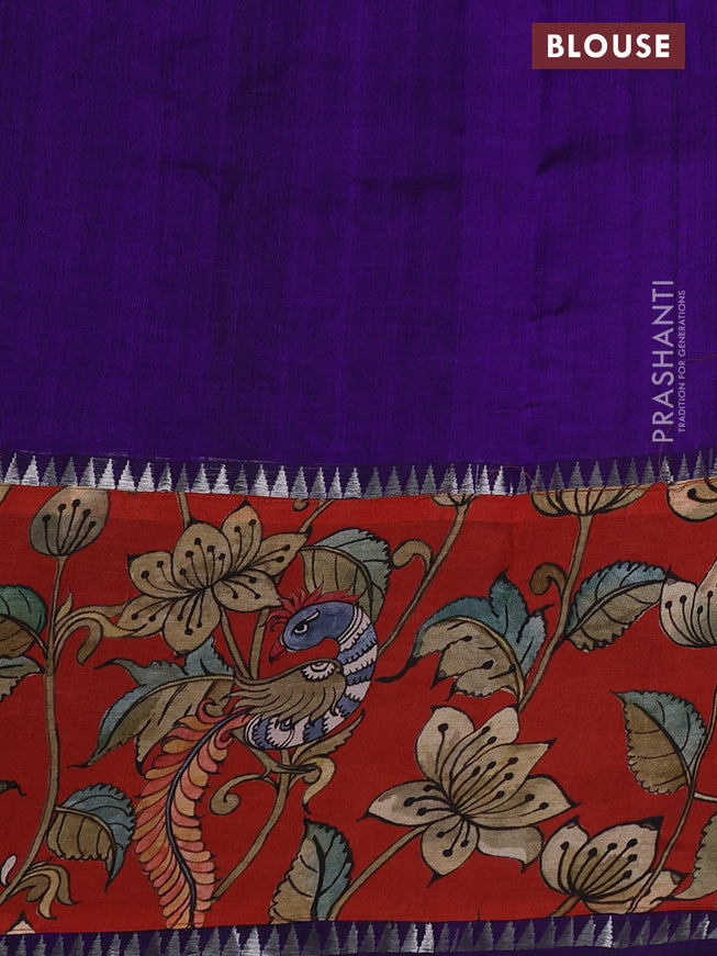Mangalgiri silk cotton saree violet and rustic orange with plain body and long kalamkari printed applique border