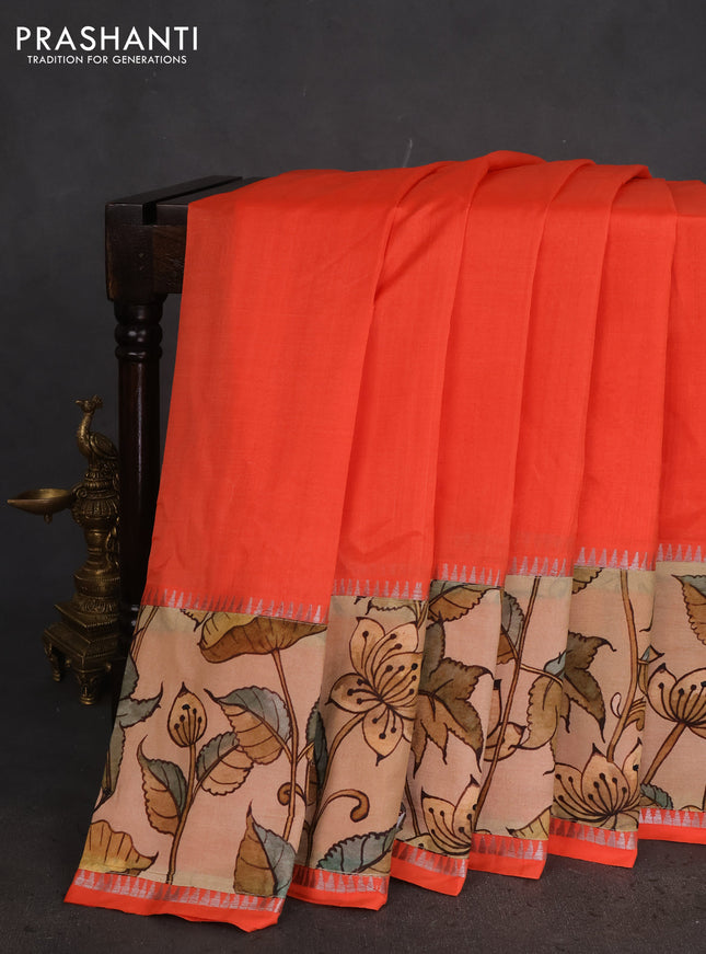 Mangalgiri silk cotton saree orange and sandal with plain body and long kalamkari printed applique border