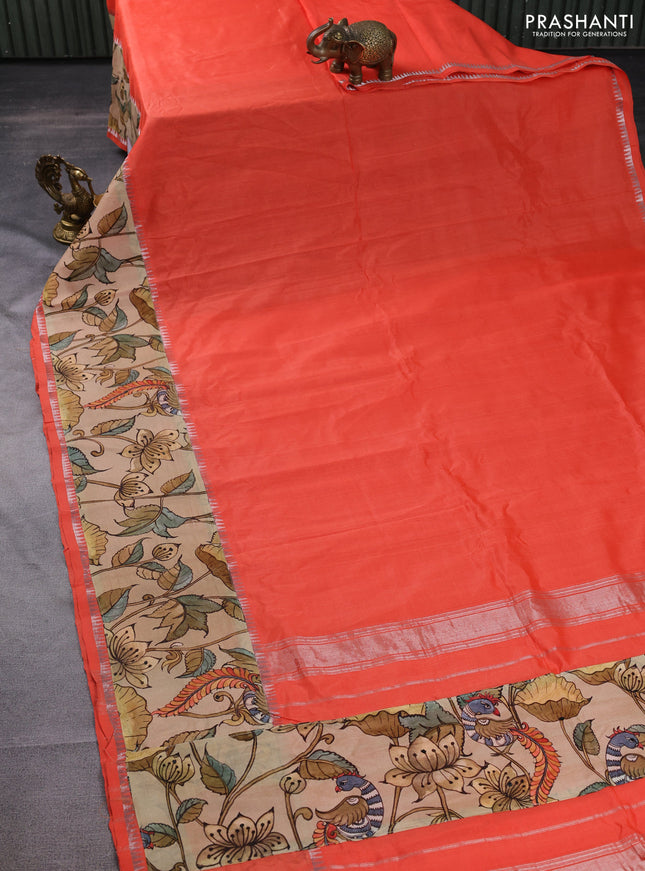 Mangalgiri silk cotton saree orange and sandal with plain body and long kalamkari printed applique border