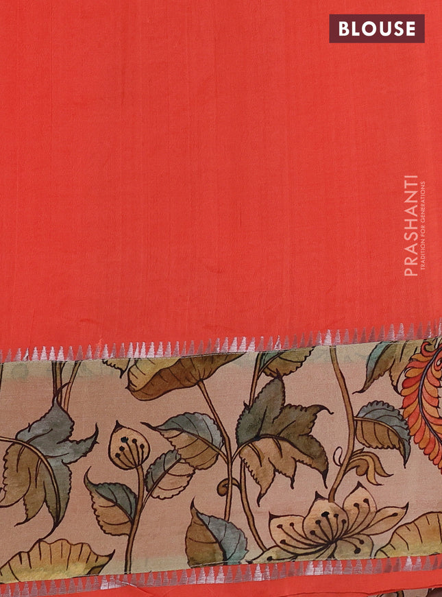 Mangalgiri silk cotton saree orange and sandal with plain body and long kalamkari printed applique border
