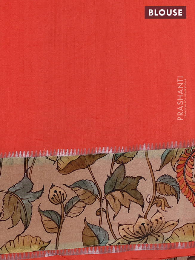 Mangalgiri silk cotton saree orange and sandal with plain body and long kalamkari printed applique border