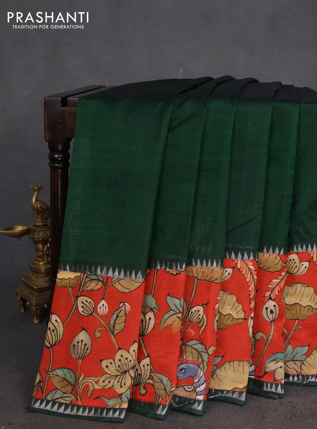 Mangalgiri silk cotton saree dark green and rustic orange with plain body and long kalamkari printed applique border