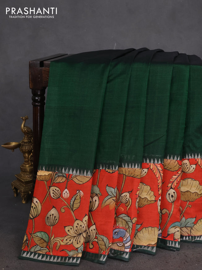 Mangalgiri silk cotton saree dark green and rustic orange with plain body and long kalamkari printed applique border