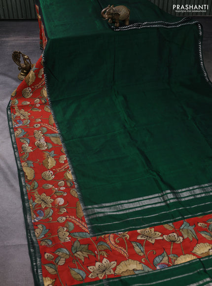 Mangalgiri silk cotton saree dark green and rustic orange with plain body and long kalamkari printed applique border