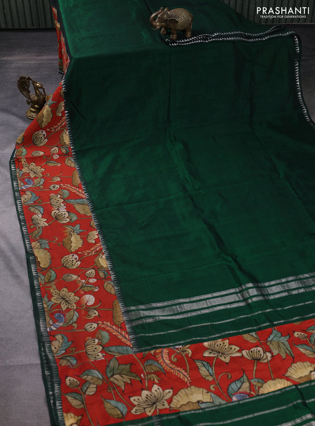 Mangalgiri silk cotton saree dark green and rustic orange with plain body and long kalamkari printed applique border