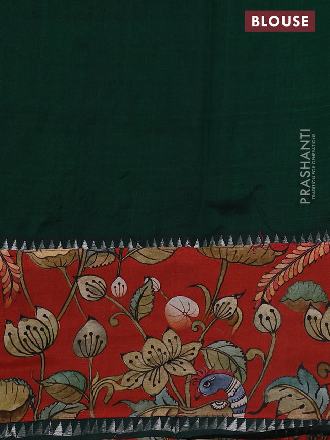 Mangalgiri silk cotton saree dark green and rustic orange with plain body and long kalamkari printed applique border