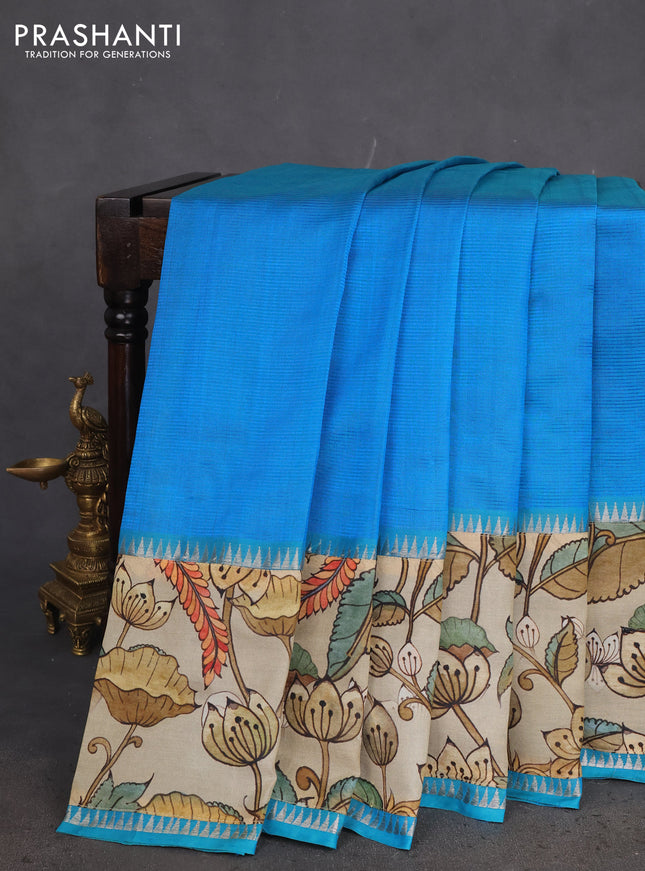 Mangalgiri silk cotton saree blue and cream with plain body and long kalamkari printed applique border