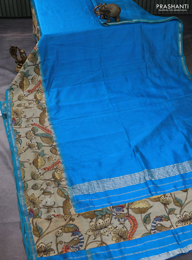 Mangalgiri silk cotton saree blue and cream with plain body and long kalamkari printed applique border
