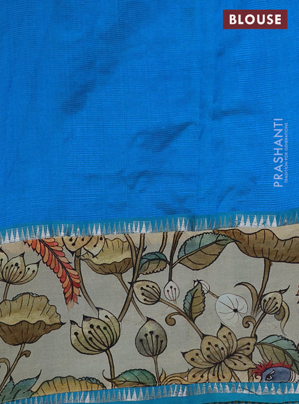 Mangalgiri silk cotton saree blue and cream with plain body and long kalamkari printed applique border