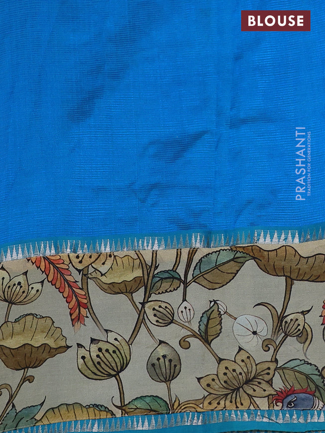Mangalgiri silk cotton saree blue and cream with plain body and long kalamkari printed applique border