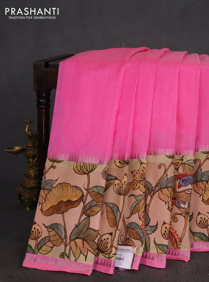 Mangalgiri silk cotton saree light pink and cream with plain body and long kalamkari printed applique border