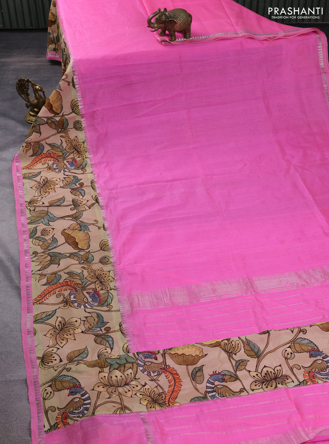 Mangalgiri silk cotton saree light pink and cream with plain body and long kalamkari printed applique border