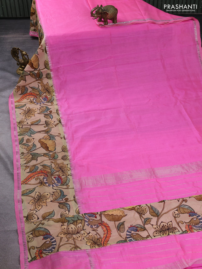 Mangalgiri silk cotton saree light pink and cream with plain body and long kalamkari printed applique border