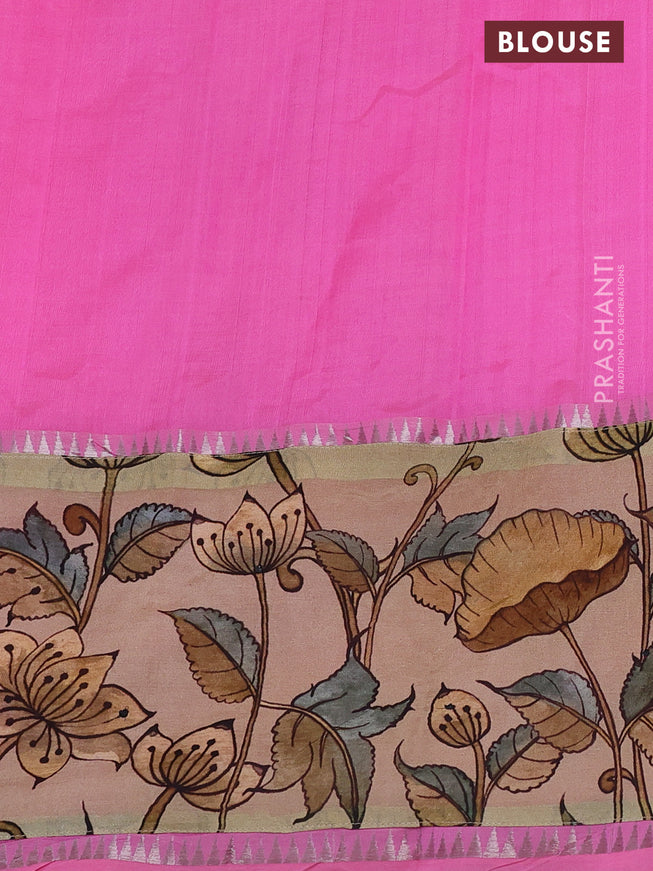 Mangalgiri silk cotton saree light pink and cream with plain body and long kalamkari printed applique border
