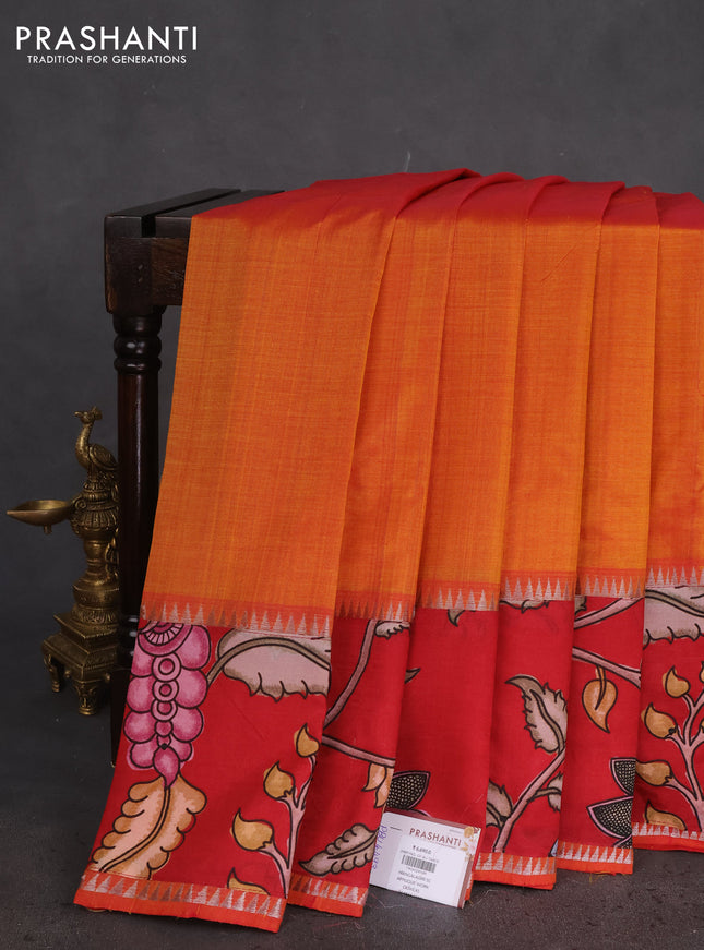 Mangalgiri silk cotton saree dual shade of mustard and maroon with plain body and long kalamkari printed applique border
