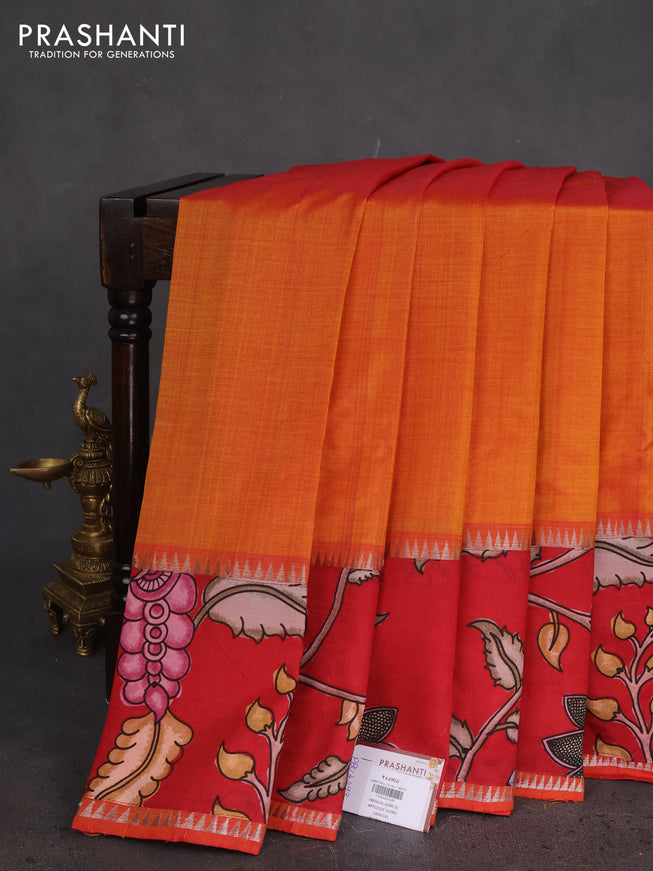 Mangalgiri silk cotton saree dual shade of mustard and maroon with plain body and long kalamkari printed applique border