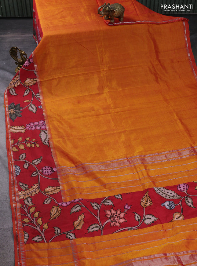 Mangalgiri silk cotton saree dual shade of mustard and maroon with plain body and long kalamkari printed applique border