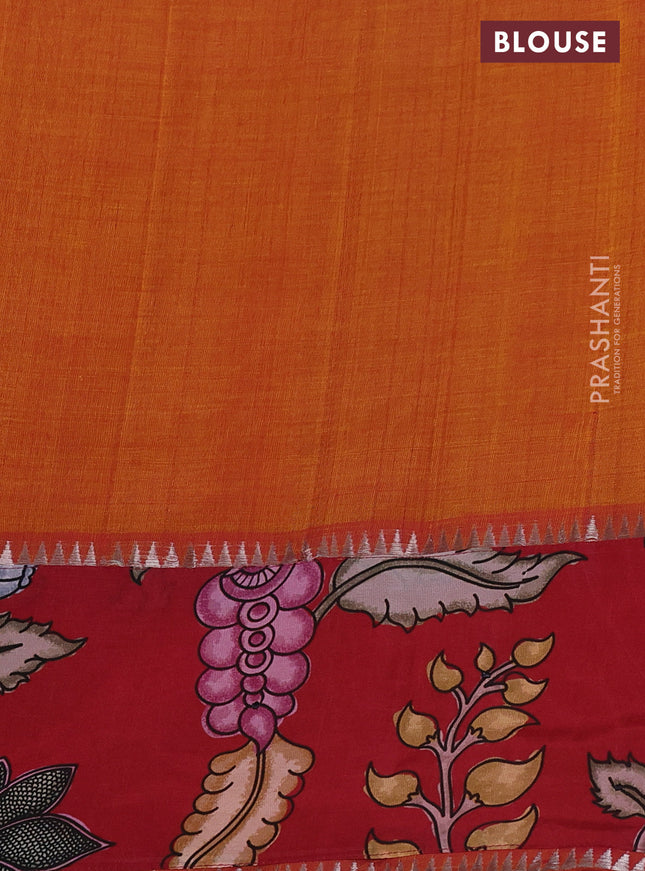 Mangalgiri silk cotton saree dual shade of mustard and maroon with plain body and long kalamkari printed applique border