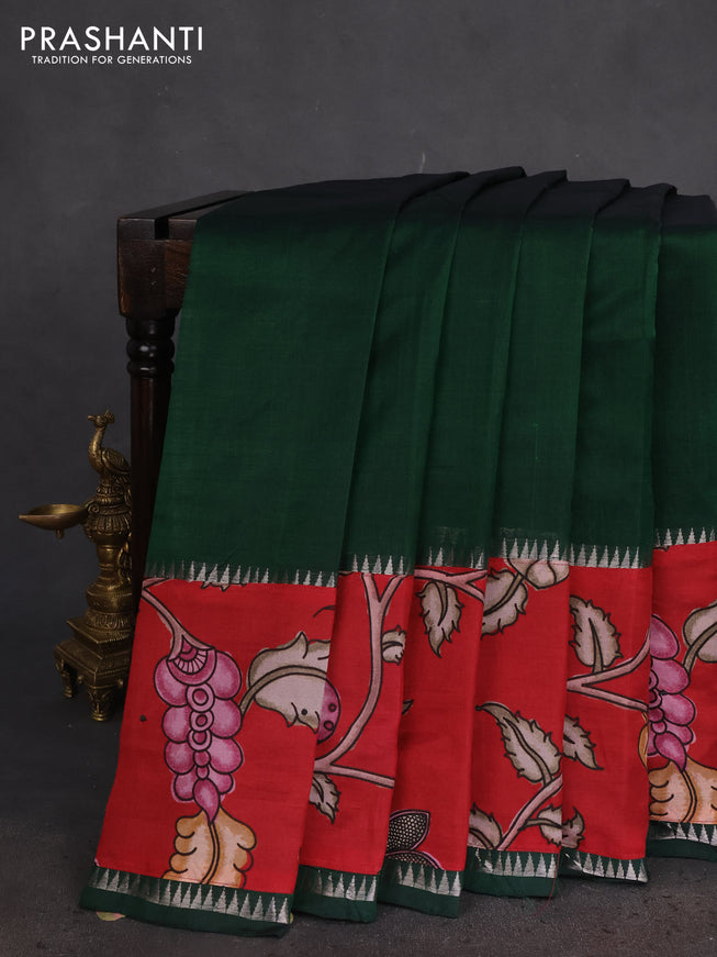Mangalgiri silk cotton saree dark green and maroon with plain body and long kalamkari printed applique border