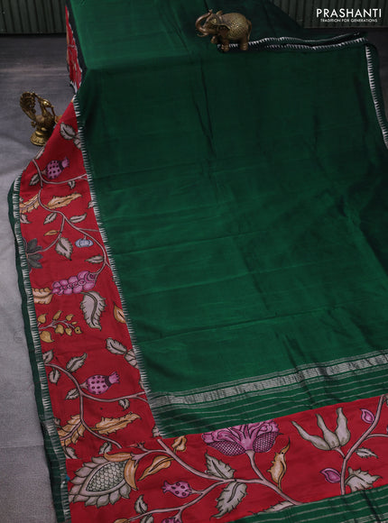 Mangalgiri silk cotton saree dark green and maroon with plain body and long kalamkari printed applique border