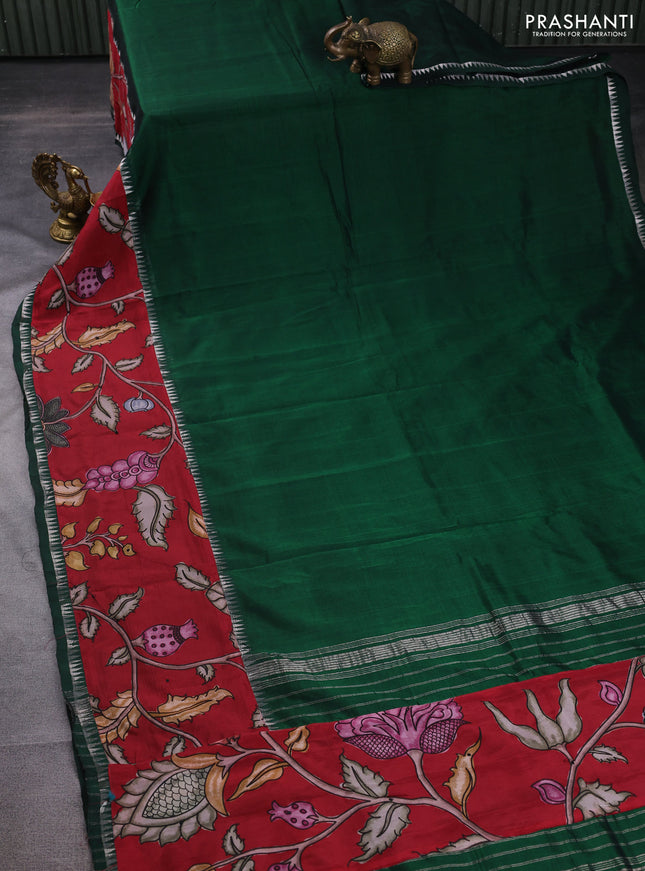 Mangalgiri silk cotton saree dark green and maroon with plain body and long kalamkari printed applique border