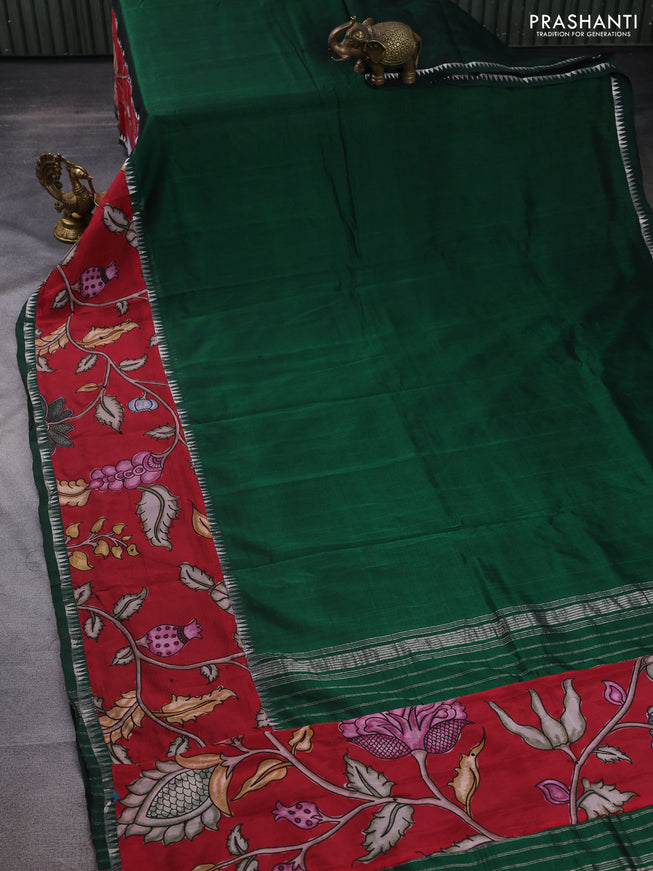 Mangalgiri silk cotton saree dark green and maroon with plain body and long kalamkari printed applique border