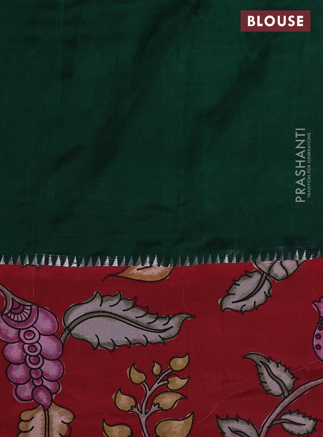Mangalgiri silk cotton saree dark green and maroon with plain body and long kalamkari printed applique border