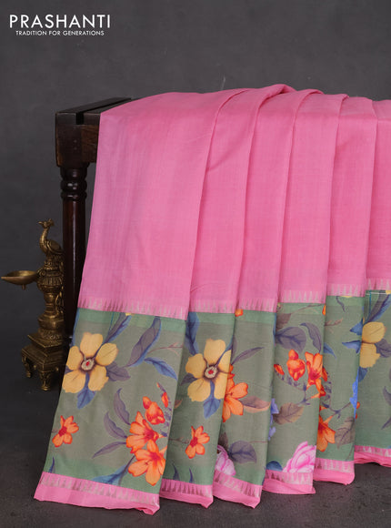 Mangalgiri silk cotton saree light pink and green shade with plain body and long kalamkari printed applique border