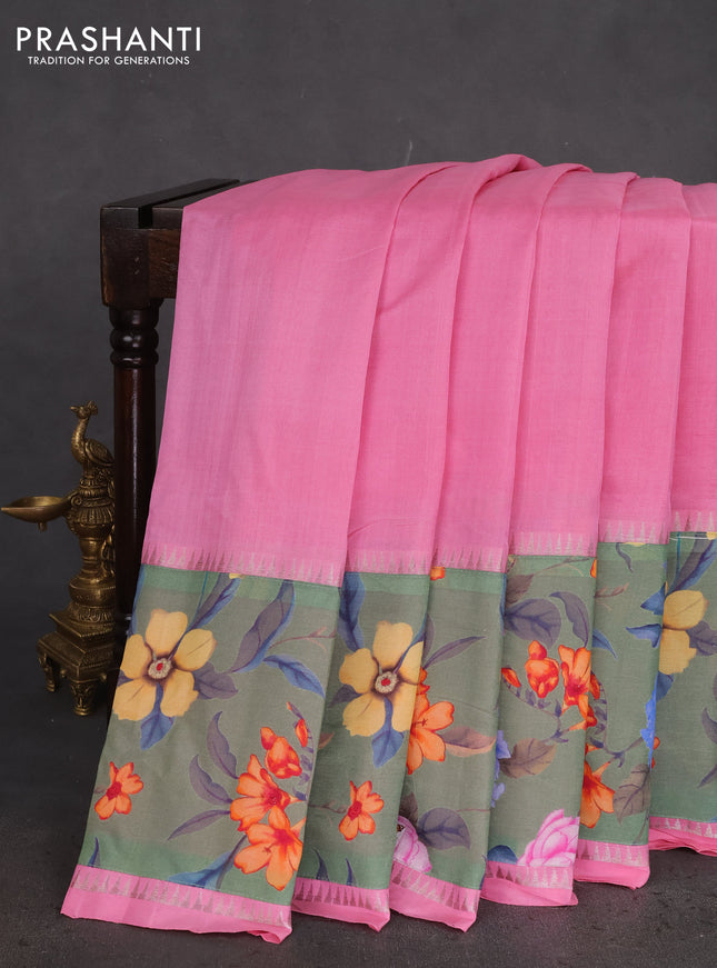 Mangalgiri silk cotton saree light pink and green shade with plain body and long kalamkari printed applique border