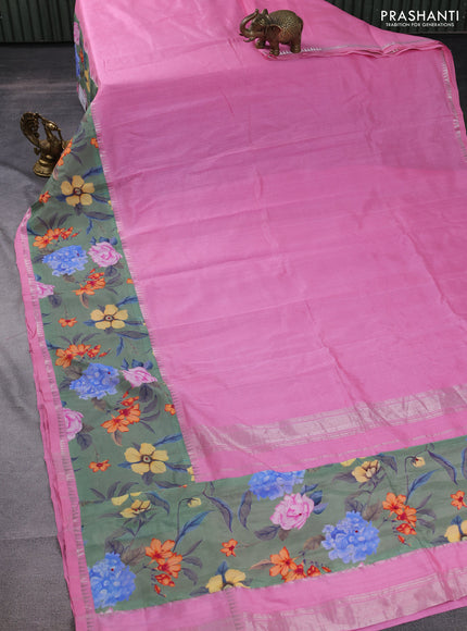 Mangalgiri silk cotton saree light pink and green shade with plain body and long kalamkari printed applique border