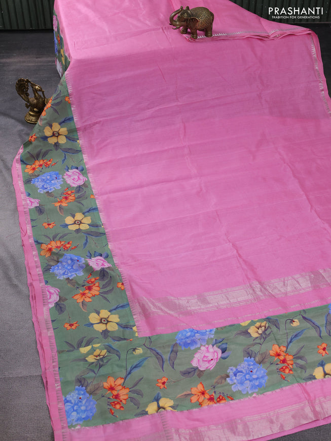 Mangalgiri silk cotton saree light pink and green shade with plain body and long kalamkari printed applique border