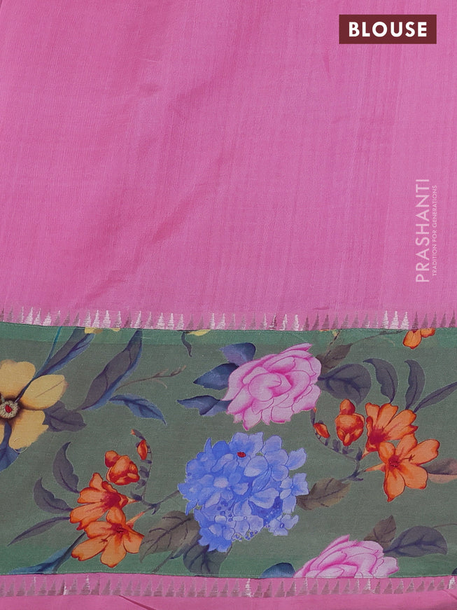 Mangalgiri silk cotton saree light pink and green shade with plain body and long kalamkari printed applique border