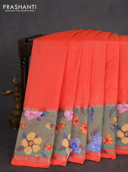 Mangalgiri silk cotton saree orange and green with plain body and long kalamkari printed applique border