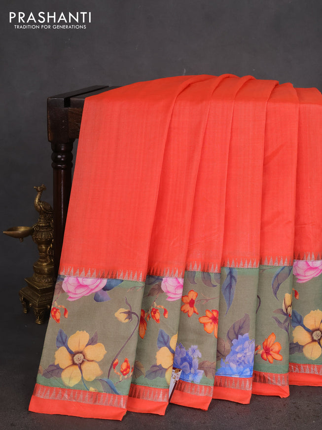 Mangalgiri silk cotton saree orange and green with plain body and long kalamkari printed applique border