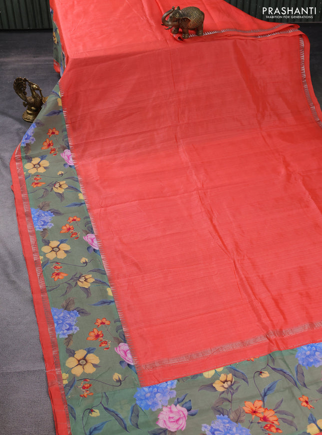 Mangalgiri silk cotton saree orange and green with plain body and long kalamkari printed applique border
