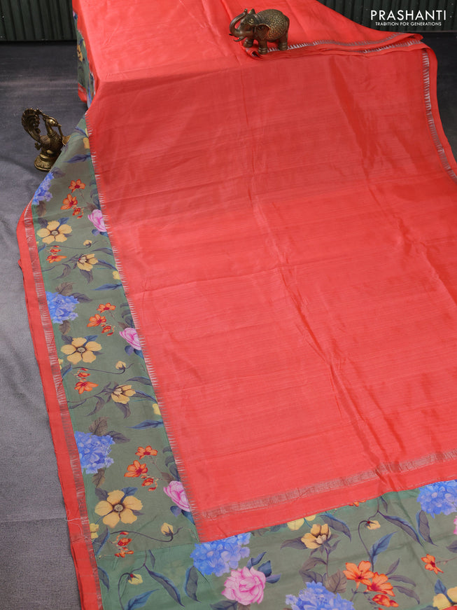 Mangalgiri silk cotton saree orange and green with plain body and long kalamkari printed applique border