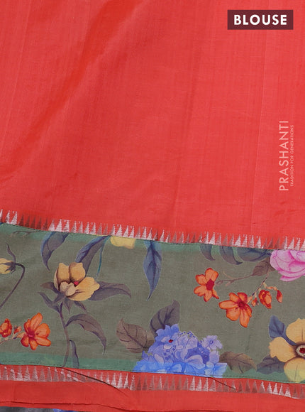 Mangalgiri silk cotton saree orange and green with plain body and long kalamkari printed applique border
