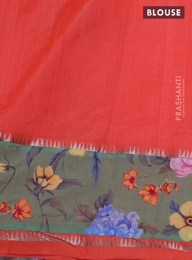 Mangalgiri silk cotton saree orange and green with plain body and long kalamkari printed applique border