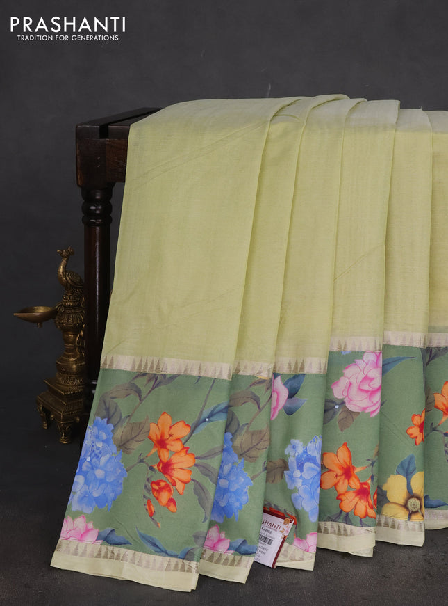 Mangalgiri silk cotton saree pista green and green shade with plain body and long kalamkari printed applique border