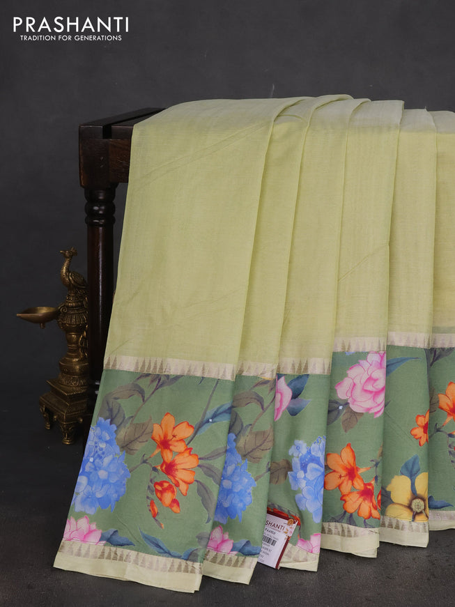 Mangalgiri silk cotton saree pista green and green shade with plain body and long kalamkari printed applique border