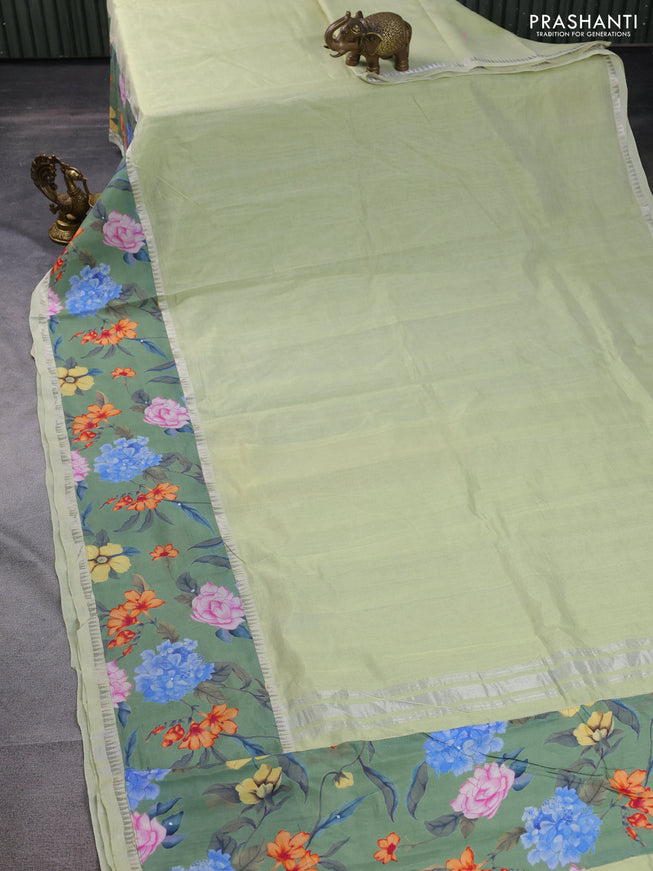 Mangalgiri silk cotton saree pista green and green shade with plain body and long kalamkari printed applique border