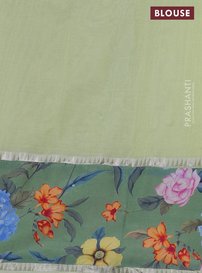 Mangalgiri silk cotton saree pista green and green shade with plain body and long kalamkari printed applique border