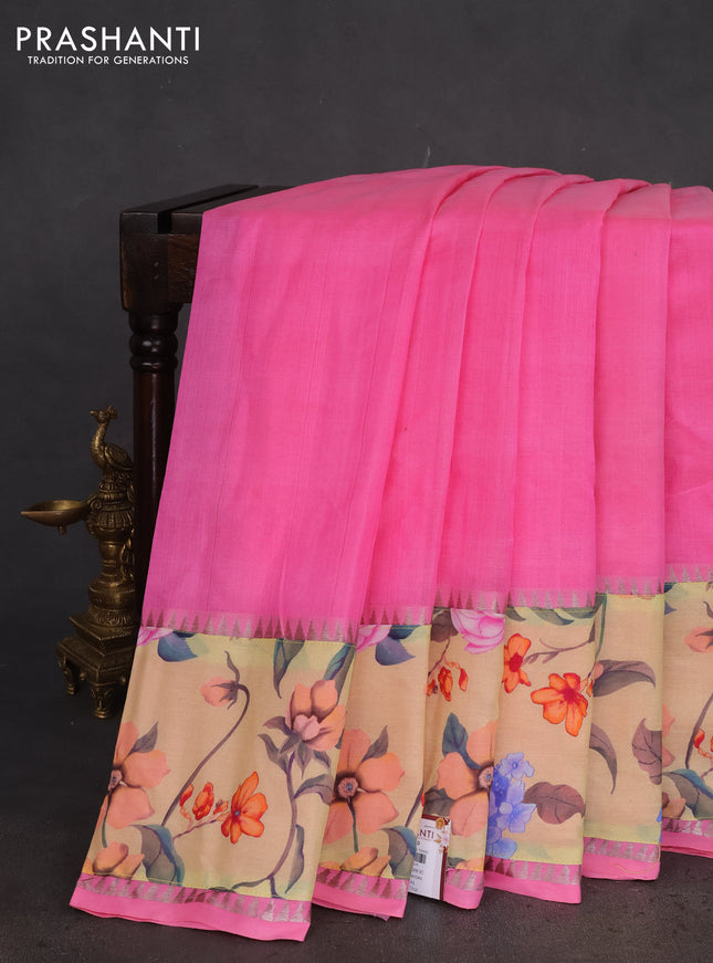 Mangalgiri silk cotton saree candy pink and pale yellow with plain body and long kalamkari printed applique border