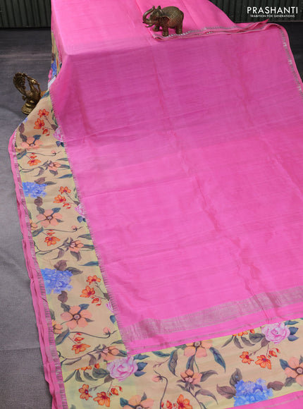 Mangalgiri silk cotton saree candy pink and pale yellow with plain body and long kalamkari printed applique border