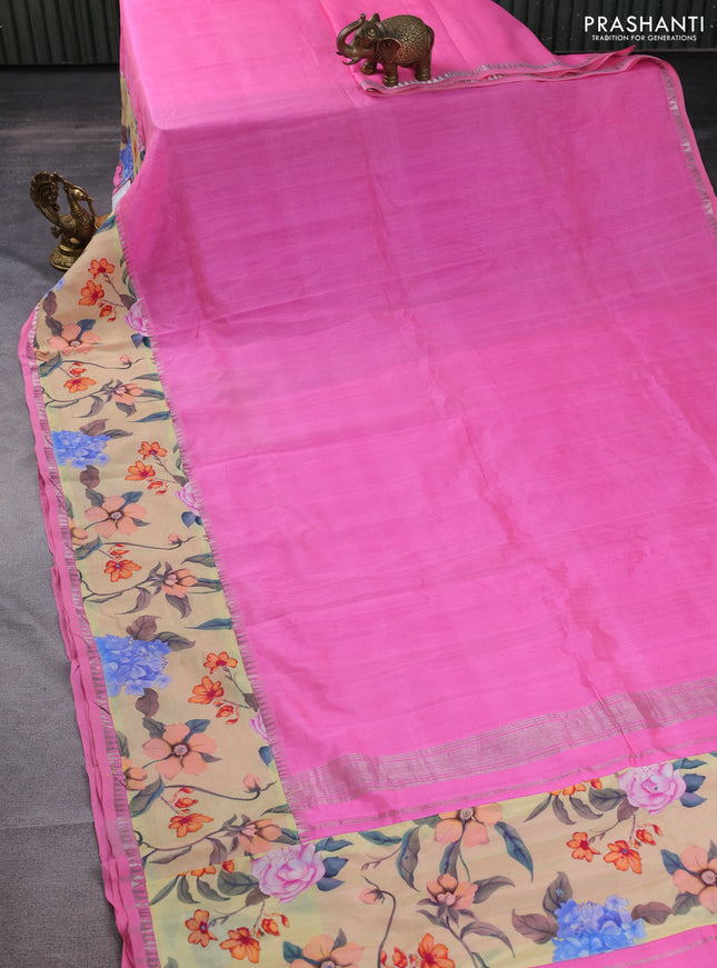 Mangalgiri silk cotton saree candy pink and pale yellow with plain body and long kalamkari printed applique border