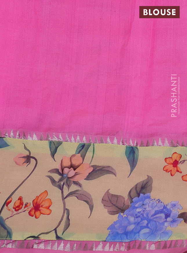 Mangalgiri silk cotton saree candy pink and pale yellow with plain body and long kalamkari printed applique border