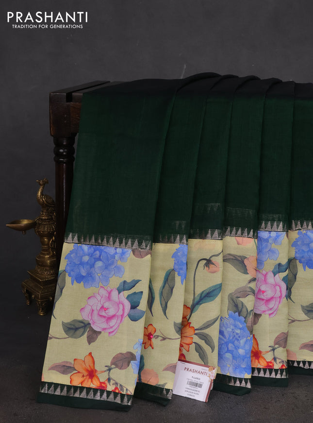 Mangalgiri silk cotton saree bottle green and pale yellow with plain body and long kalamkari printed applique border