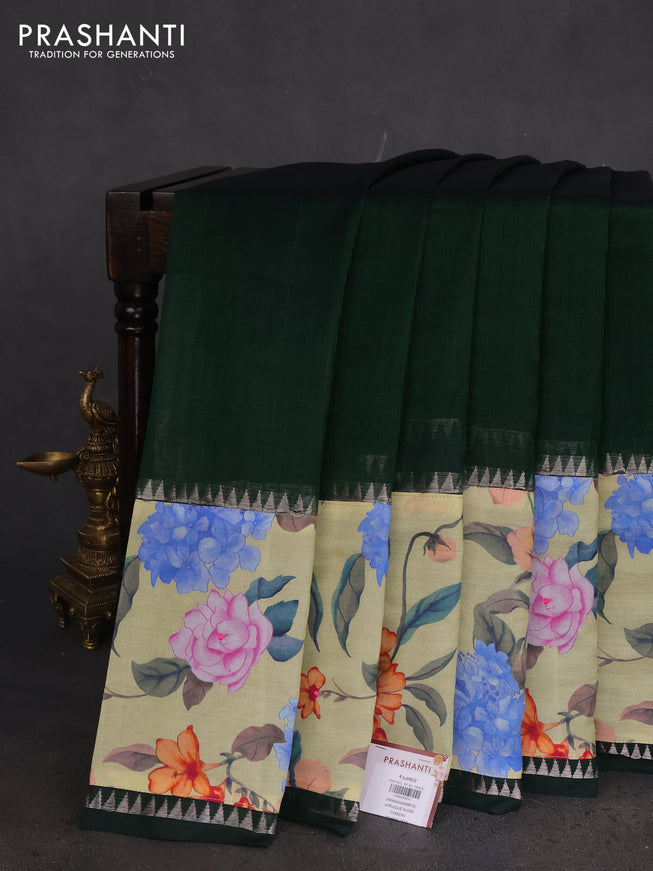 Mangalgiri silk cotton saree bottle green and pale yellow with plain body and long kalamkari printed applique border